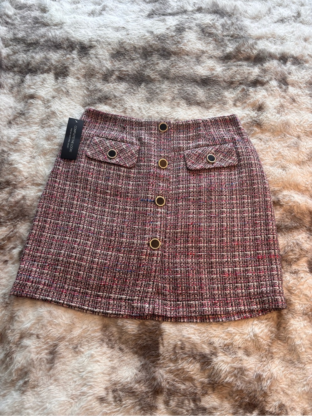 Woven Pink Tweed Button-Front Mini Skirt